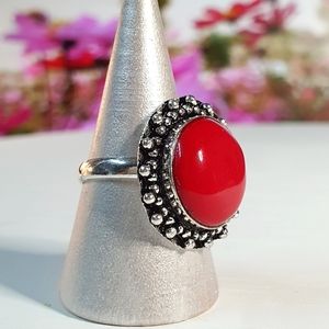 Red Coral Gemstone Sterling Silver Plated Ring Size 8.5
